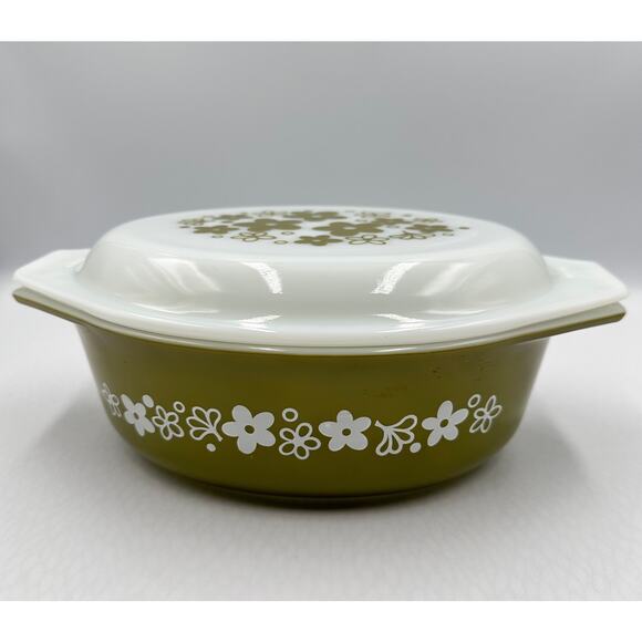 Vintage PYREX 043 Green Spring Blossom Glass Casserole & Lid 1.5 Qt - Picture 4 of 12
